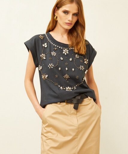 T-Shirt con Pedreria Antracita